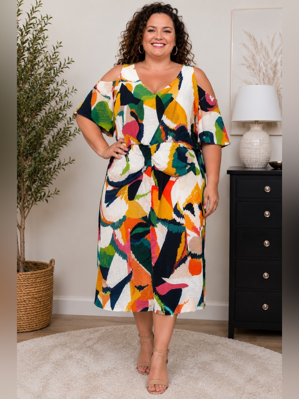 ASHRO Plus Size Multicolor Abstract Cold Shoulder Maxi Dress 2x